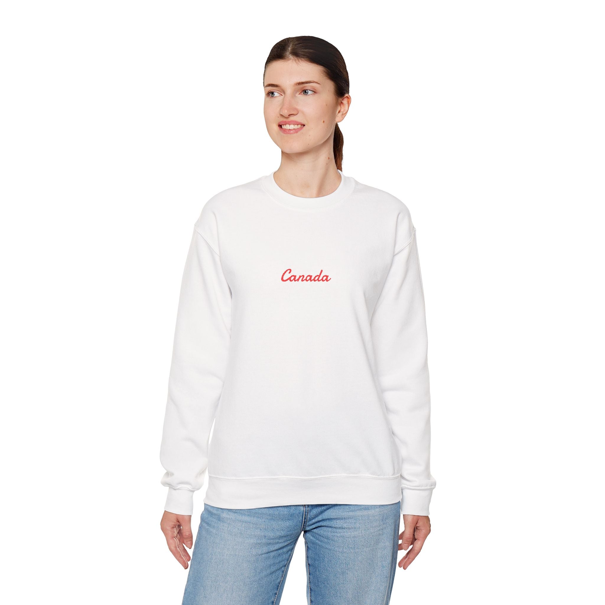Canada Script Crewneck Sweatshirt — Minimal Red Embroidered Canada Pullover