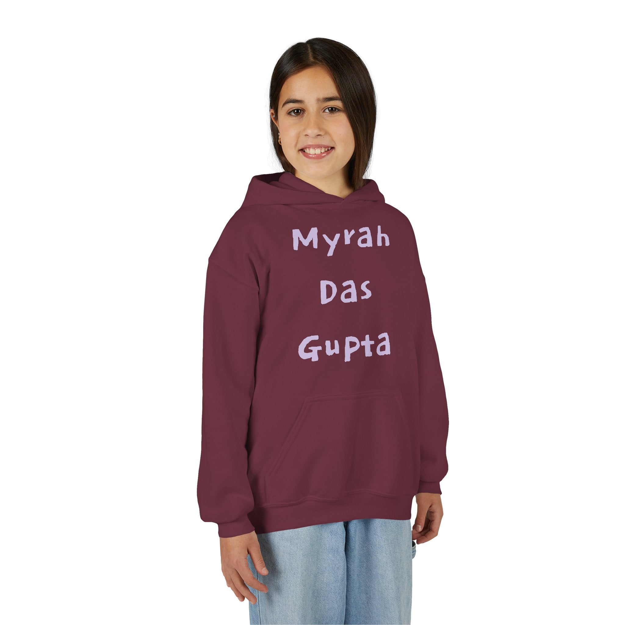 Youth Hoodie — Personalized Lavender Name Hoodie (Front: Myrah Das Gupta, Back: Tuktuk)