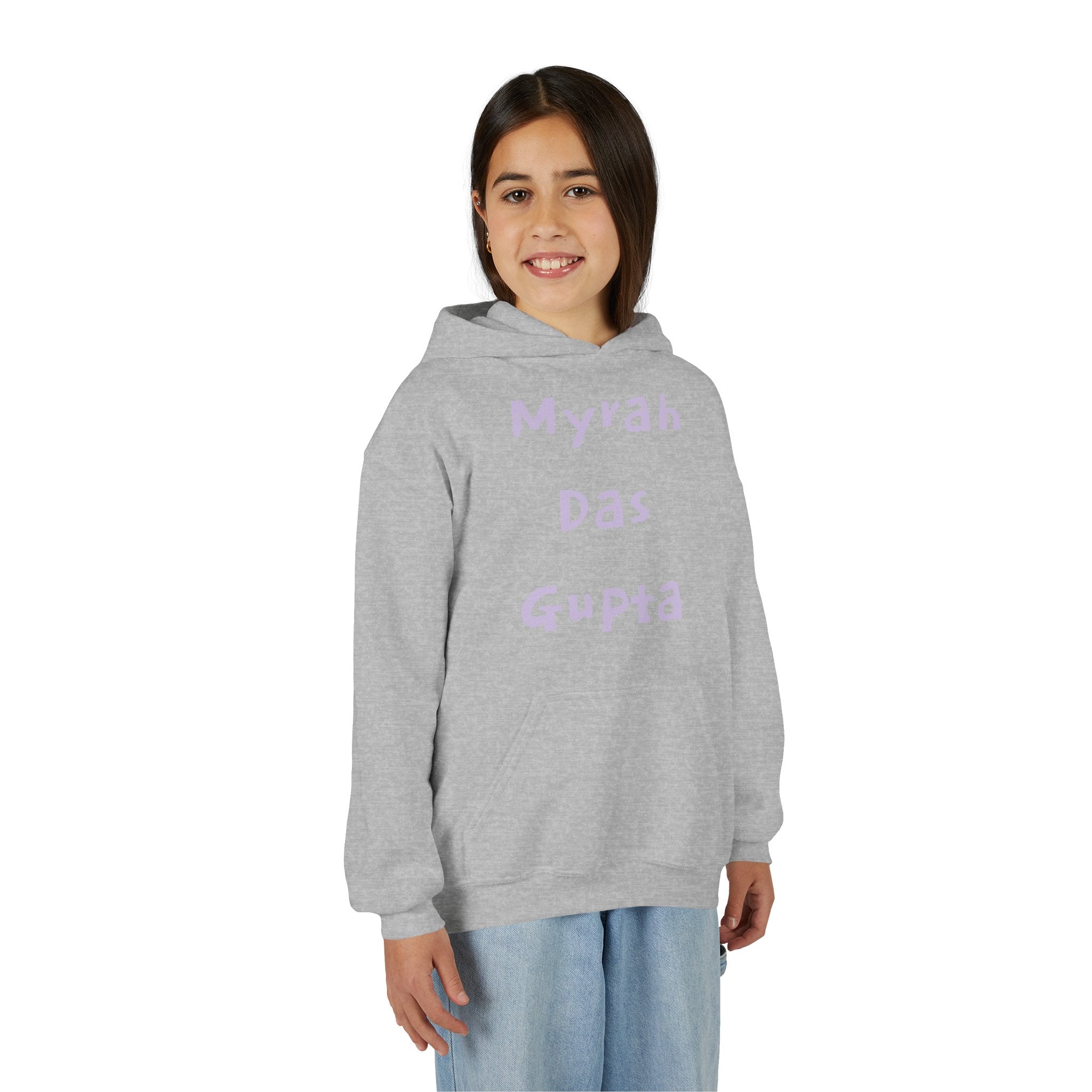 Youth Hoodie — Personalized Lavender Name Hoodie (Front: Myrah Das Gupta, Back: Tuktuk)