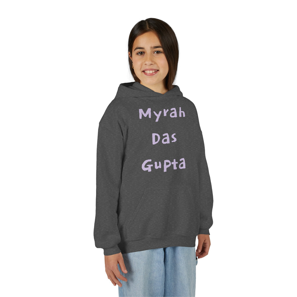 Youth Hoodie — Personalized Lavender Name Hoodie (Front: Myrah Das Gupta, Back: Tuktuk)