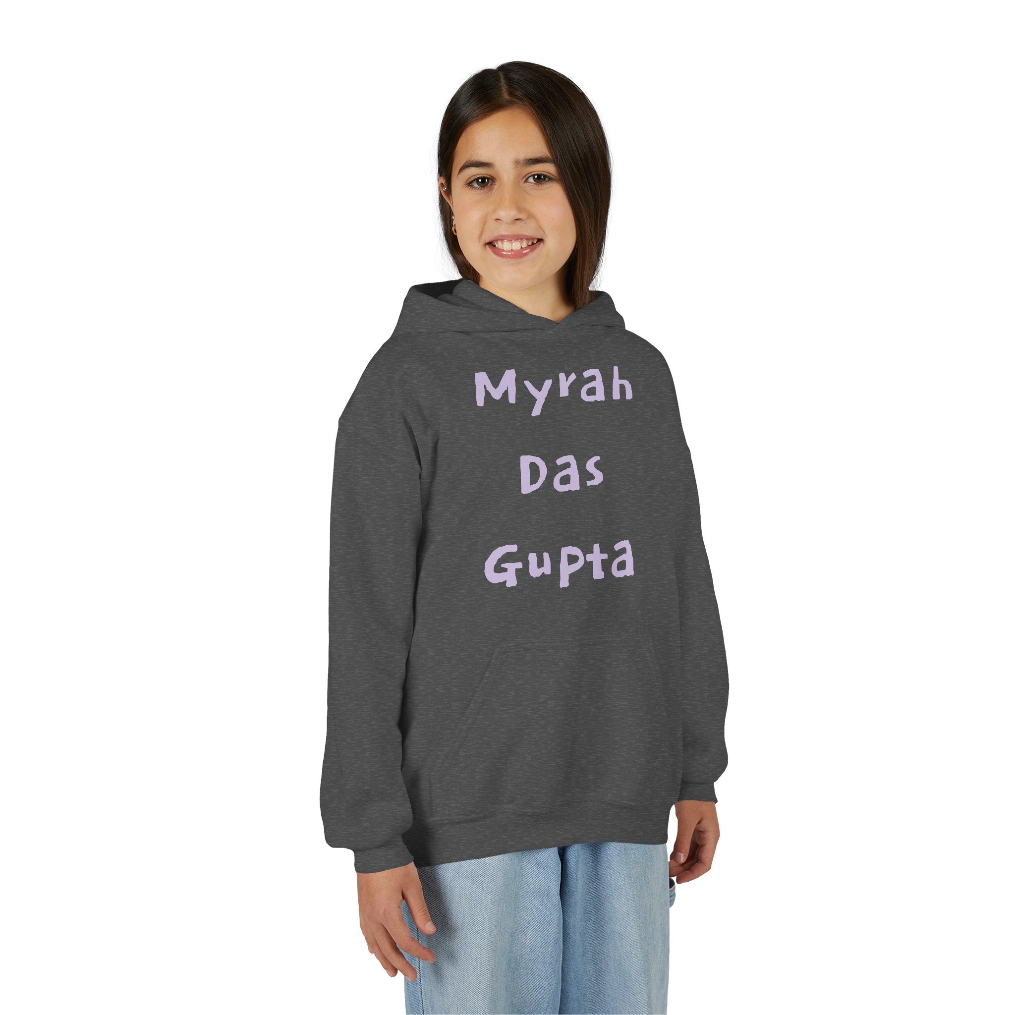Youth Hoodie — Personalized Lavender Name Hoodie (Front: Myrah Das Gupta, Back: Tuktuk)